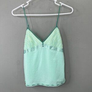 Vintage Y2K Moda International Tank Top Babydoll Cami S Mint Satin Lace Trim